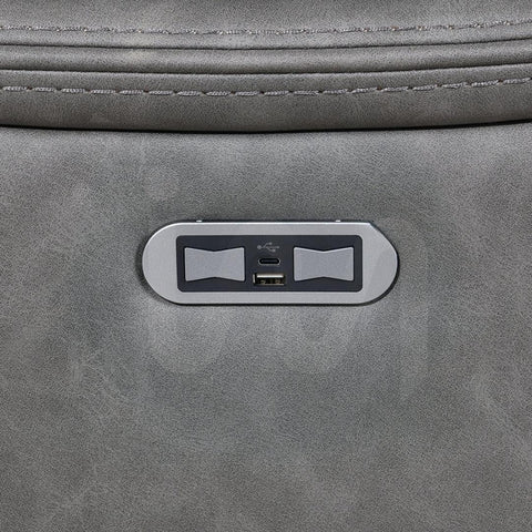 Stone grey sofa with USB charging port and control buttons on the side panel