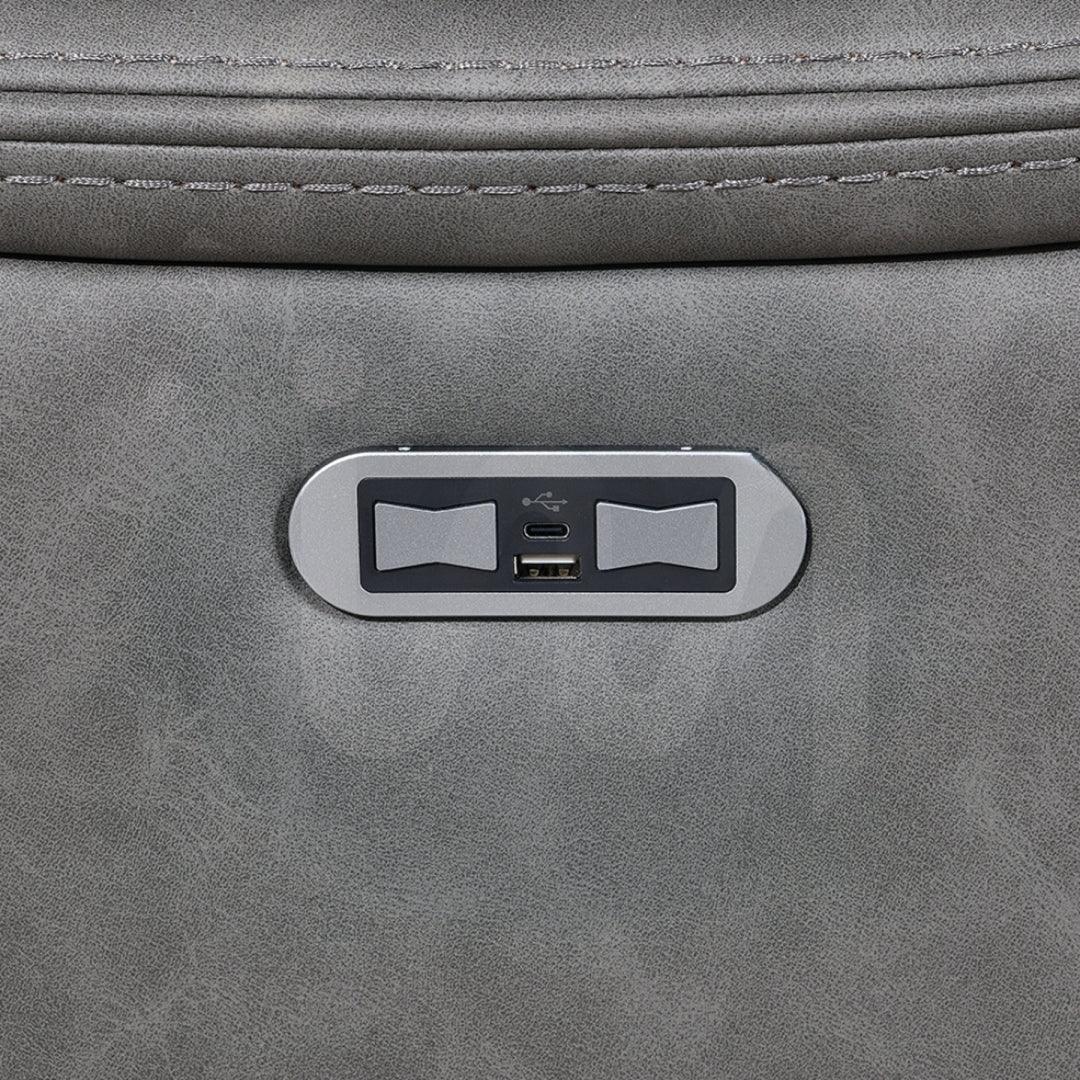 Stone grey sofa with USB charging port and control buttons on the side panel