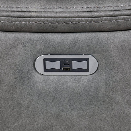 Stone grey sofa with USB charging port and control buttons on the side panel