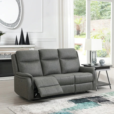 Stone grey 3 seater reclining sofa with padded seats in modern living room setting