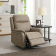 Taupe leather armchair recliner with footrest extended in modern living room setting