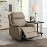Taupe leather armchair recliner with footrest extended in modern living room setting