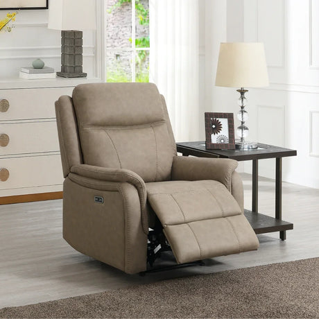 Taupe leather armchair recliner with footrest extended in modern living room setting