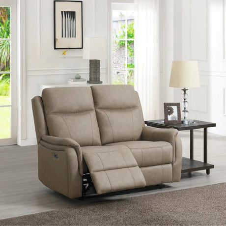 Taupe fabric 2 seater recliner sofa with padded seats in modern living room