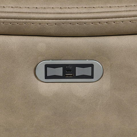 Taupe sofa USB and USB-C charging ports panel on textured faux leather