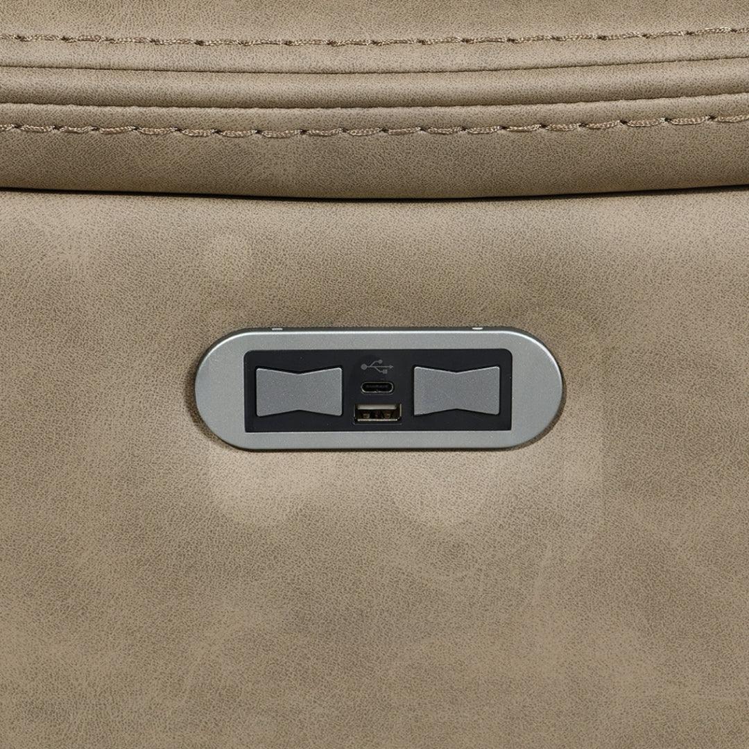 Taupe sofa USB and USB-C charging ports panel on textured faux leather