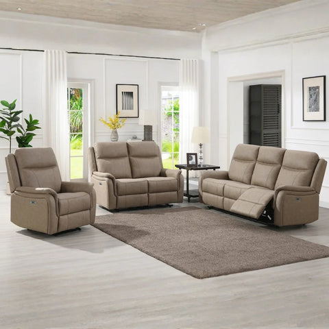 Taupe recliner sofa set with armchair and loveseat in modern living room