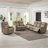 Taupe recliner sofa set with armchair and loveseat in modern living room