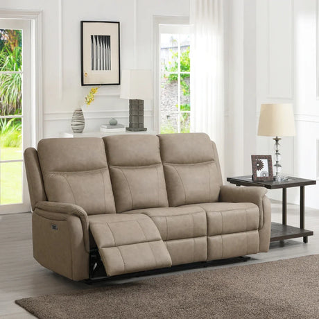Taupe 3 seater recliner sofa with padded seats in bright living room setting