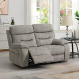 Cream fabric 2 seater loveseat with matching piping and recliner, in living room setting