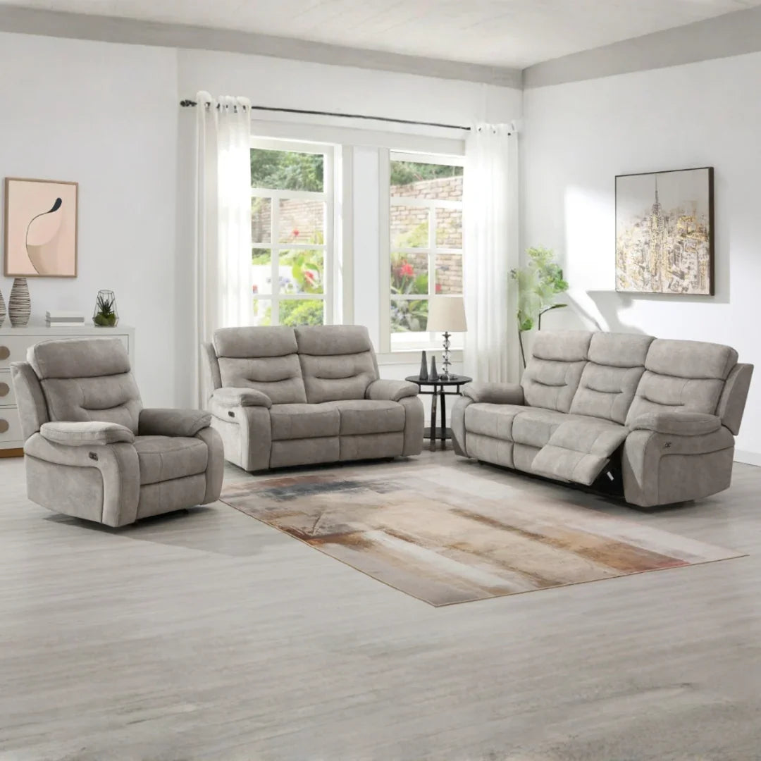 Cream 3 seater sofa with matching piping in bright living room with large window