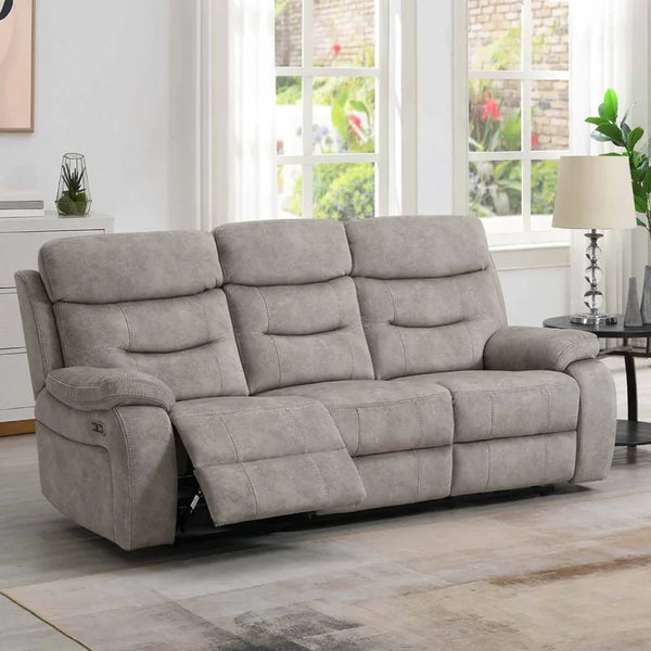 Cream 3 seater sofa with matching piping and recliner section in bright living room