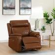 Brown leather armchair recliner with power controls in modern living room setting