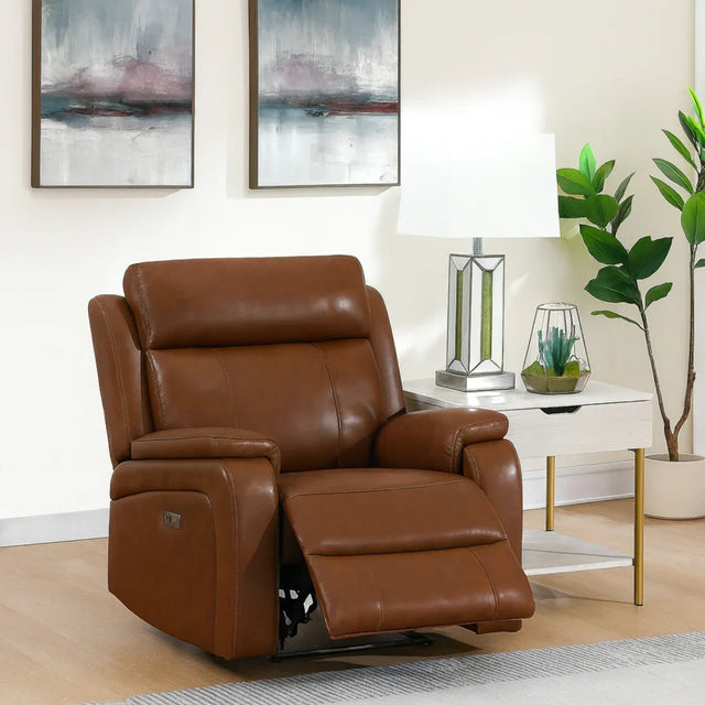 Brown leather armchair recliner with power controls in modern living room setting