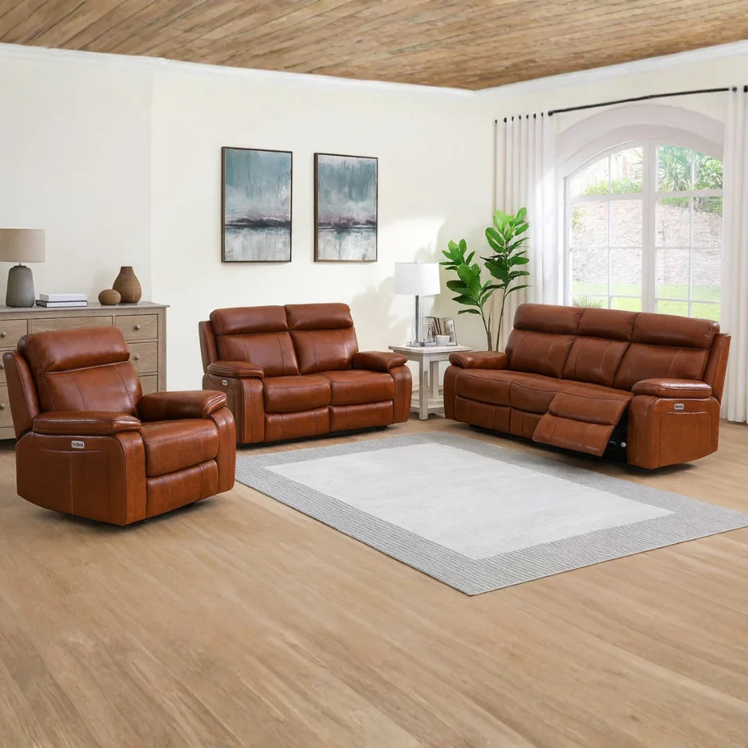 Brown leather 3-piece sofa set with recliner in modern living room with large window