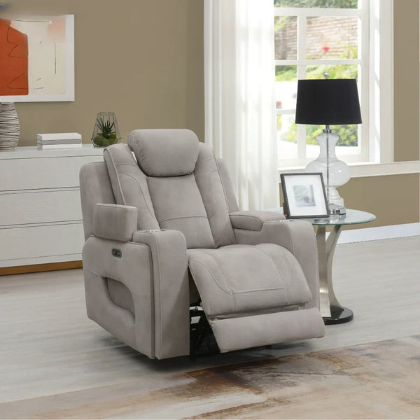 Oyster grey armchair recliner with padded seat and headrest in modern living room setting