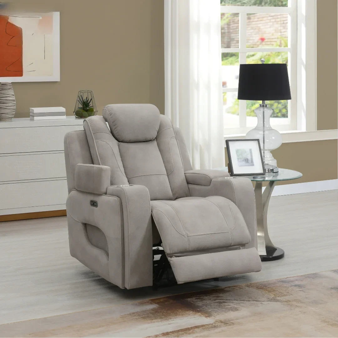 Oyster grey armchair recliner with padded seat and headrest in modern living room setting