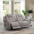 Oyster fabric loveseat recliner with centre console in a modern living room