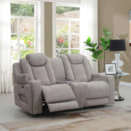 Oyster fabric loveseat recliner with centre console in a modern living room