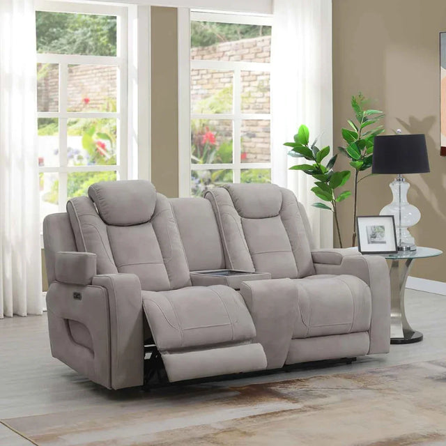 Oyster fabric loveseat recliner with centre console in a modern living room