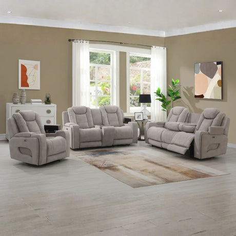 Oyster fabric recliner sofa set with armrests in modern living room with large windows