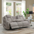 Light grey reclining sofa with padded armrests and cup holders in a modern living room