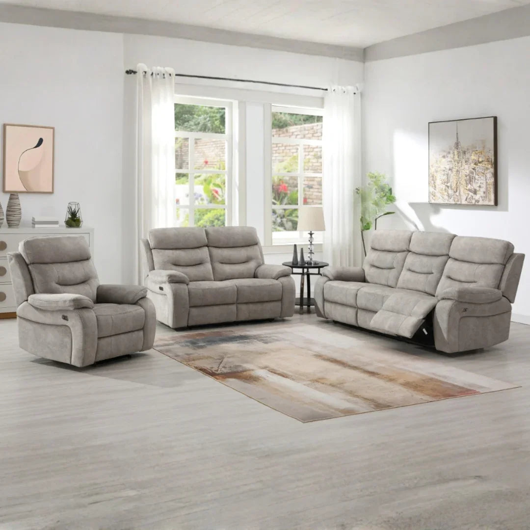 Cream armchair with matching piping in modern living room with large window