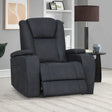 Graphite fabric recliner armchair with padded arms in modern living room setting