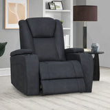 Graphite fabric recliner armchair with padded arms in modern living room setting