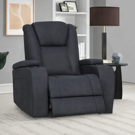 Graphite fabric recliner armchair with padded arms in modern living room setting