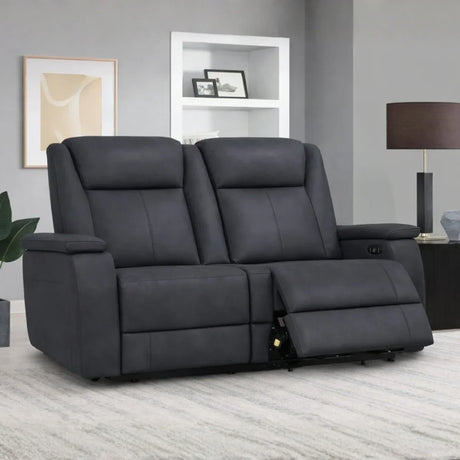 Graphite fabric loveseat sofa with dual recliner seats in modern living room setting