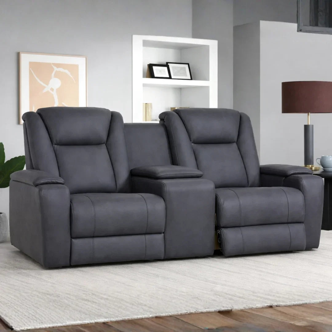 Graphite 2-seater loveseat with console and recliner seats in modern living room