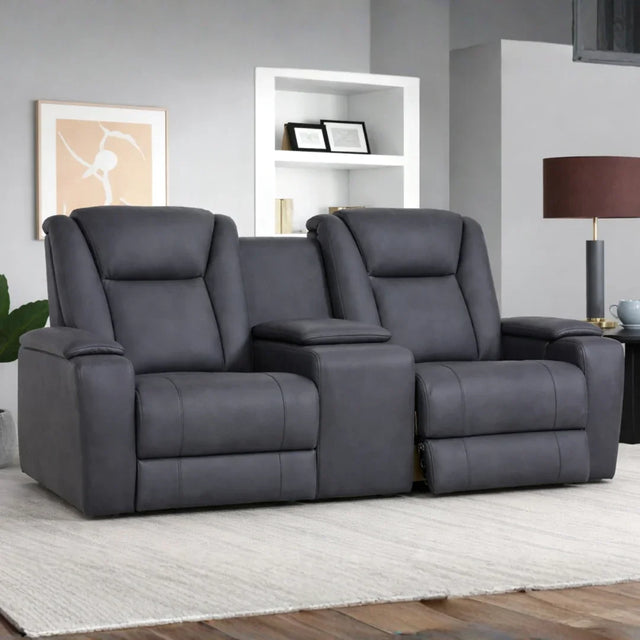 Graphite 2-seater loveseat with console and recliner seats in modern living room