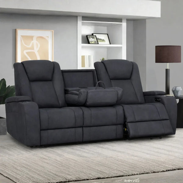 Graphite 3 seater recliner sofa with drop down tray in modern living room