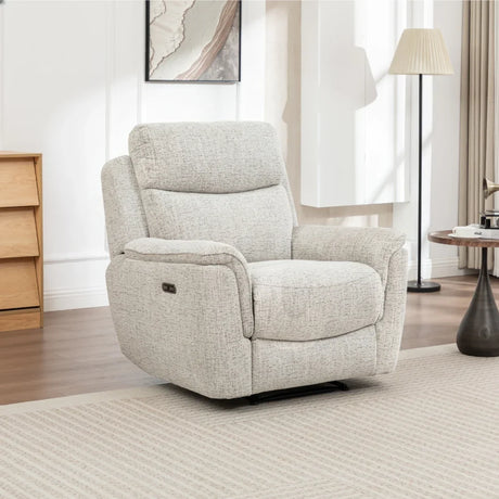Beige fabric armchair with reclining feature in modern living room setting