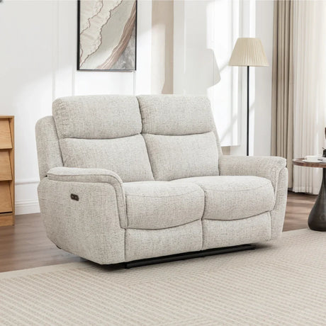Beige fabric 2 seater sofa with padded arms and high backrest in modern living room