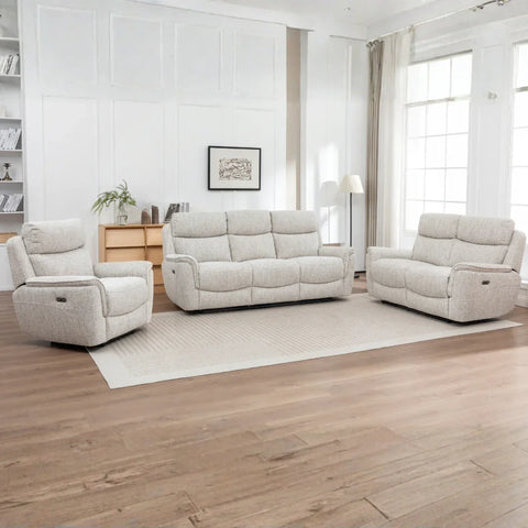 Beige fabric 3 piece sofa set with recliners in a modern living room on wooden flooring