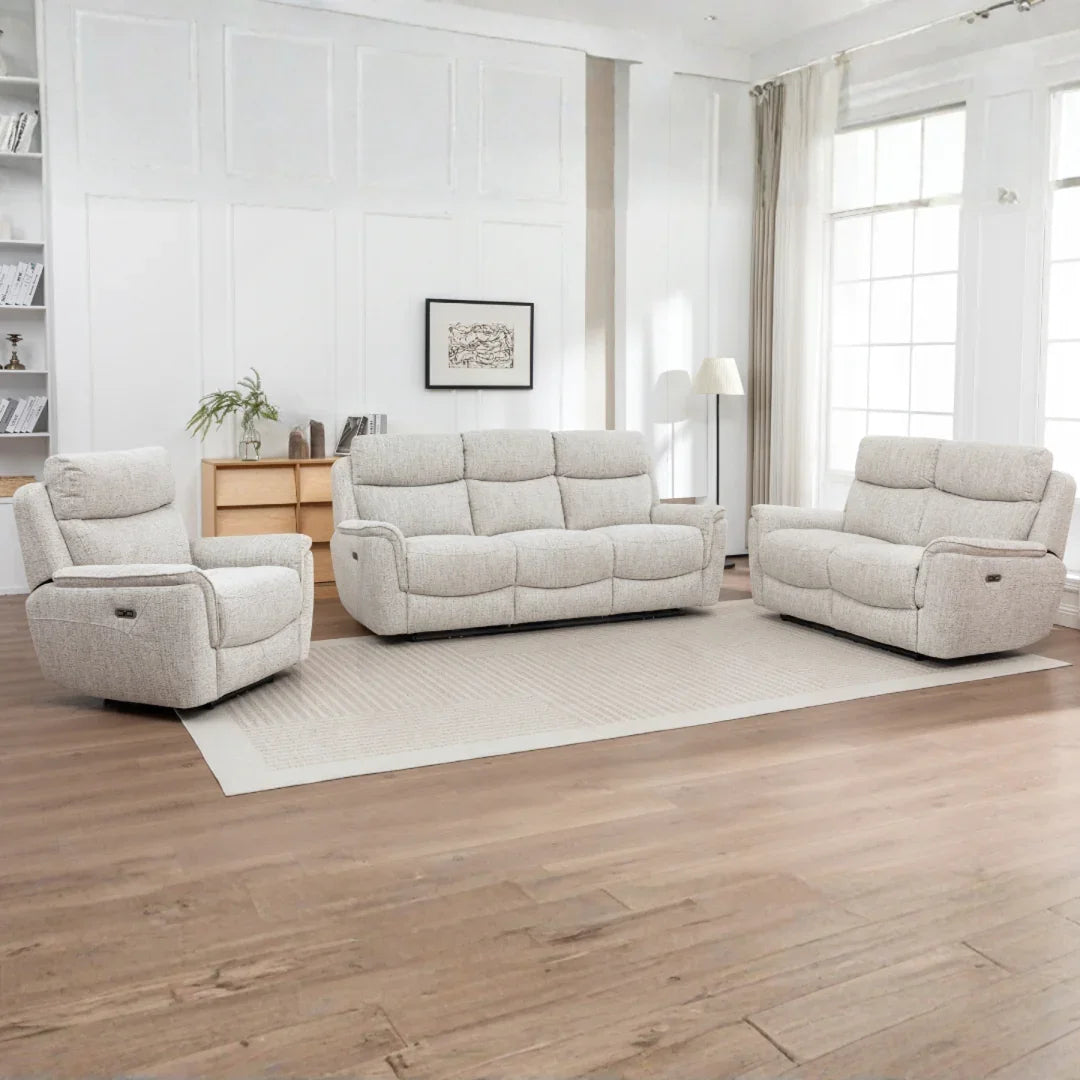 Beige fabric 3 piece sofa set with recliners in a modern living room on wooden flooring