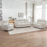 Beige fabric 3 piece sofa set with recliners in a modern living room on wooden flooring