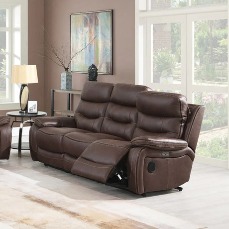 Brown leather recliner sofa with padded seats in modern living room setting