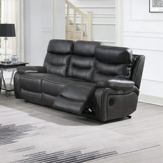 Slate grey recliner sofa with padded seats and matching piping in modern living room
