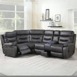 Slate grey sectional reclining sofa with console, cup holders, and matching piping in living room