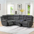 Dark grey tech reclining corner sofa with cup holders and console in modern living room