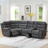 Dark grey tech reclining corner sofa with cup holders and console in modern living room
