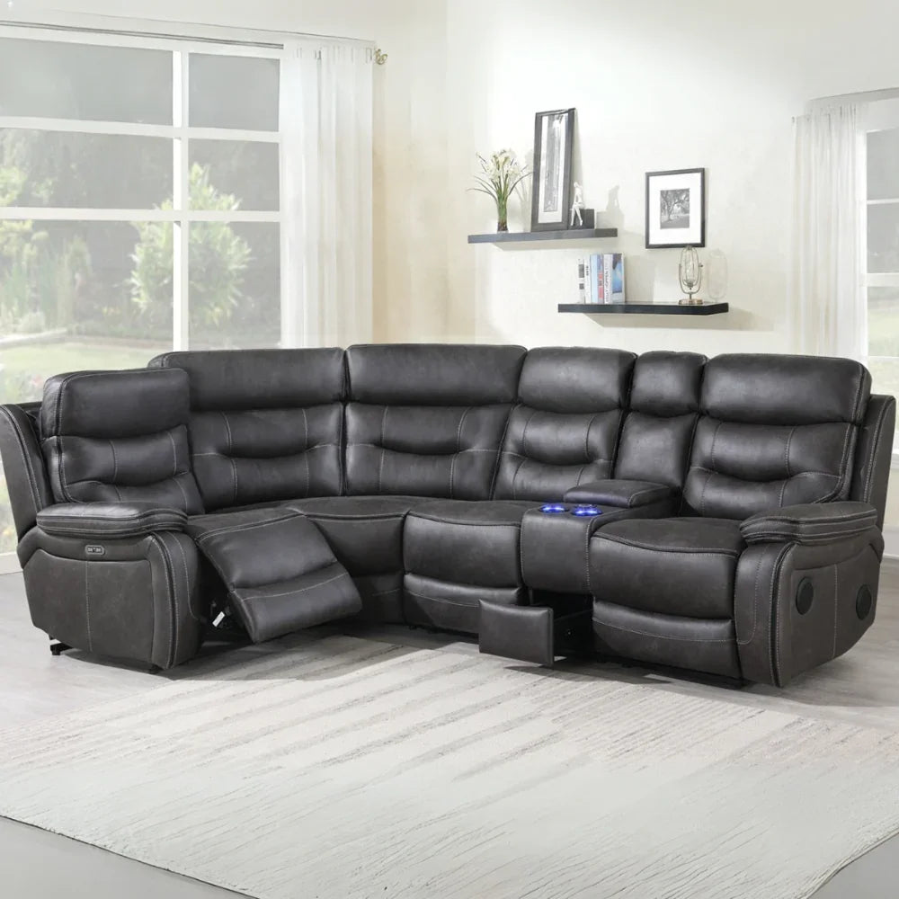 Slate corner sectional sofa with recliner and console in modern living room