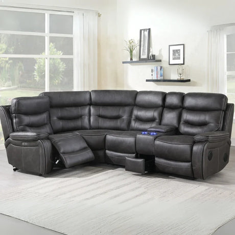 Slate corner sectional sofa with recliner and console in modern living room