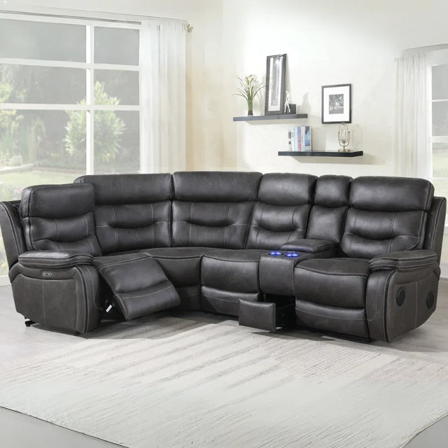 Slate corner sectional sofa with recliner and console in modern living room