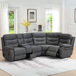 Dark grey fabric corner sofa with console and reclining seats in modern living room