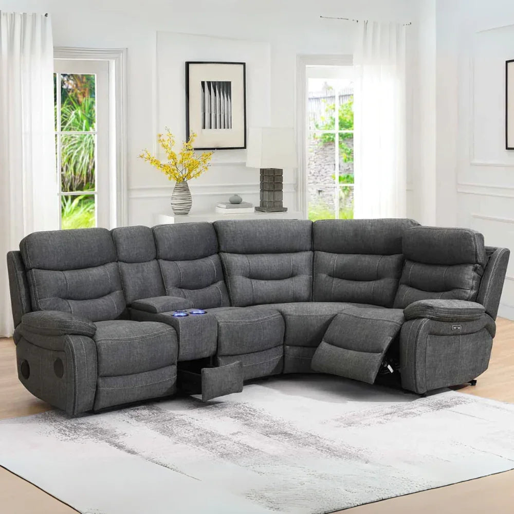 Dark grey fabric corner sofa with console and reclining seats in modern living room