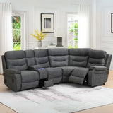 Dark grey fabric corner sofa with console and reclining seats in modern living room